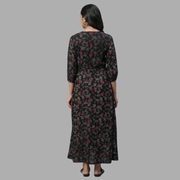 Black Floral Printed Gathered Dress - Image 3