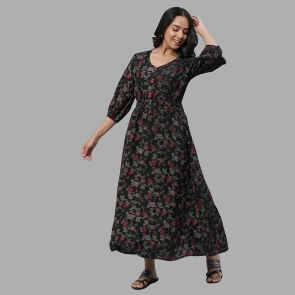 Black Floral Printed Gathered Dress