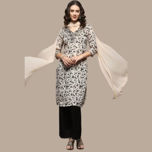 Beige and Black Printed Straight Suit Set