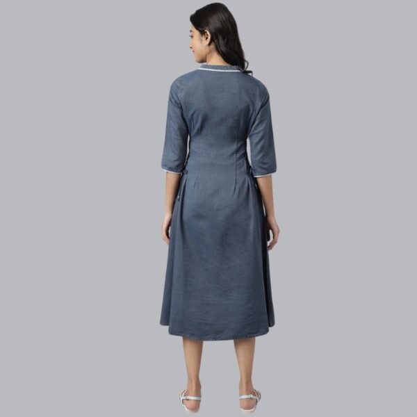 Blue Denim Printed Calf-Length Dress - Image 2