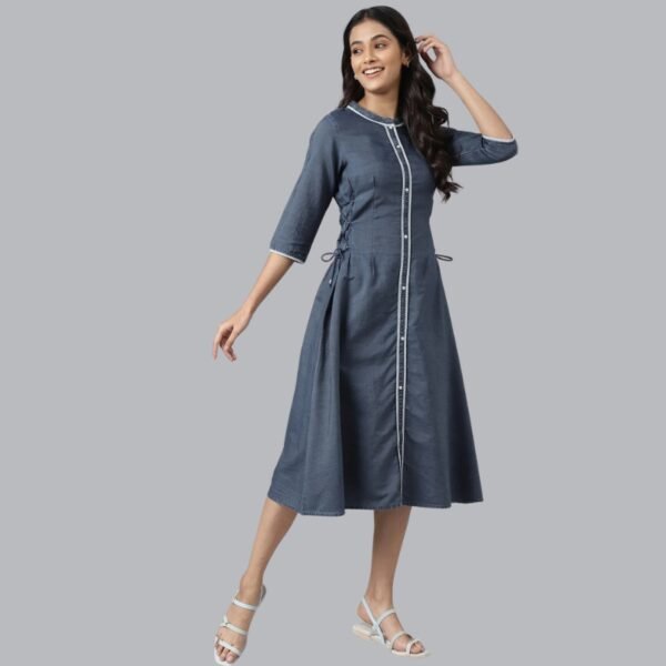 Blue Denim Printed Calf-Length Dress