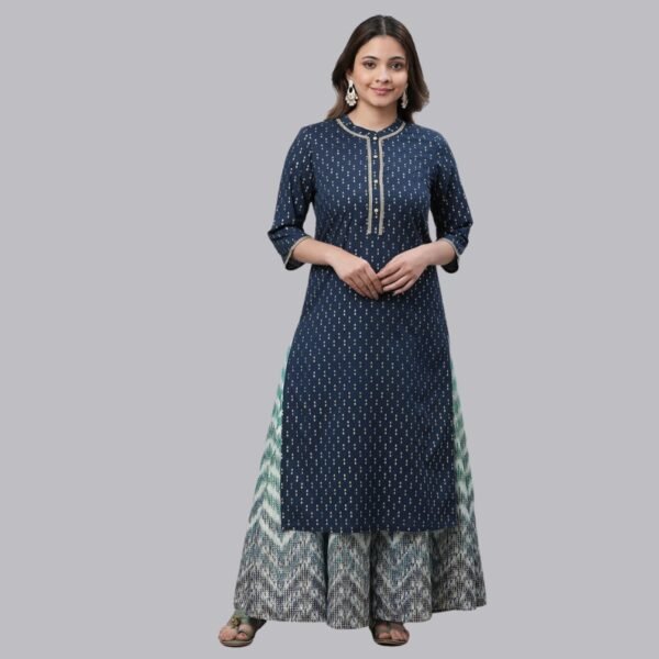 Blue Ikat Foil Printed Embellished Kurta