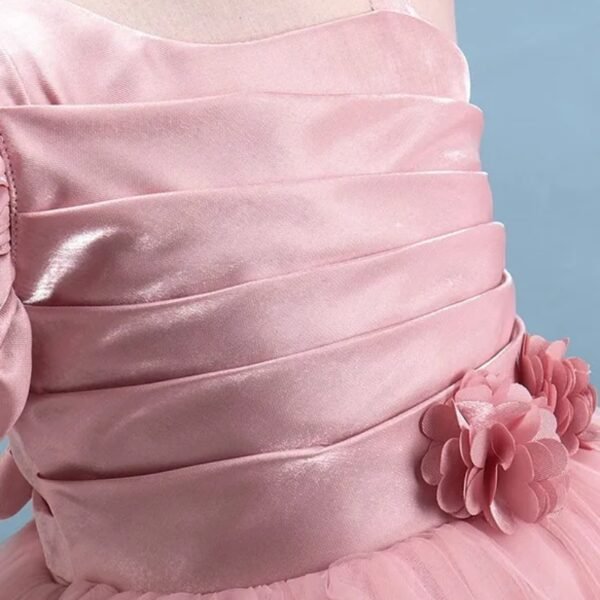 Bluebell Net One Shoulder Sleeves Frock with Floral Applique Solid Colour - Peach - Image 3