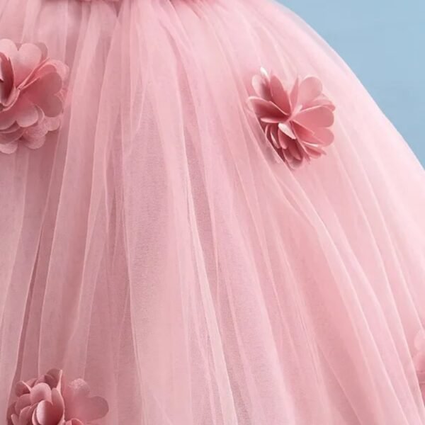 Bluebell Net One Shoulder Sleeves Frock with Floral Applique Solid Colour - Peach - Image 4