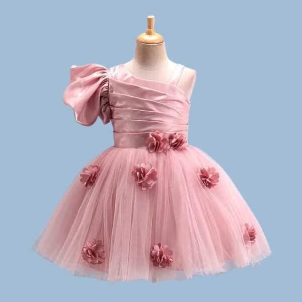 Bluebell Net One Shoulder Sleeves Frock with Floral Applique Solid Colour - Peach