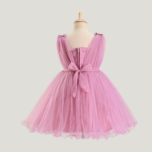 Bluebell Woven Net Sleeveless Party Frock with Butterfly Applique & Glitter Print - Onion Pink - Image 2