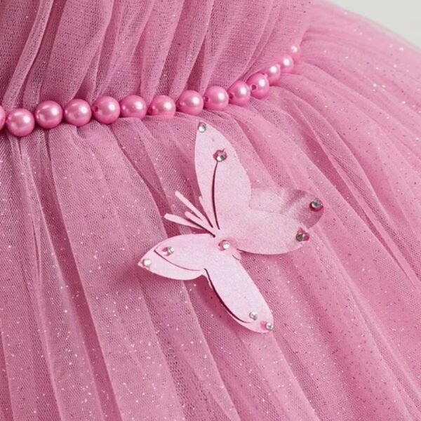 Bluebell Woven Net Sleeveless Party Frock with Butterfly Applique & Glitter Print - Onion Pink - Image 3