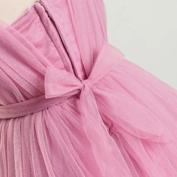 Bluebell Woven Net Sleeveless Party Frock with Butterfly Applique & Glitter Print - Onion Pink - Image 4