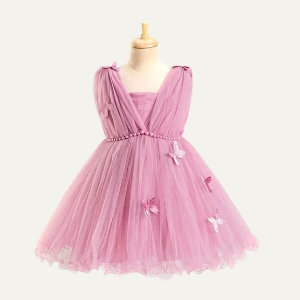 Bluebell Woven Net Sleeveless Party Frock with Butterfly Applique & Glitter Print - Onion Pink