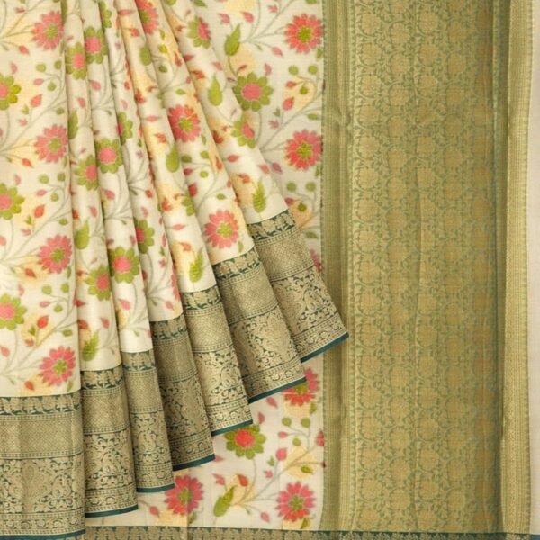 CREAM and BOTTLE GREEN FLORALS TISSUE Saree with BANARASI FANCY - Image 2