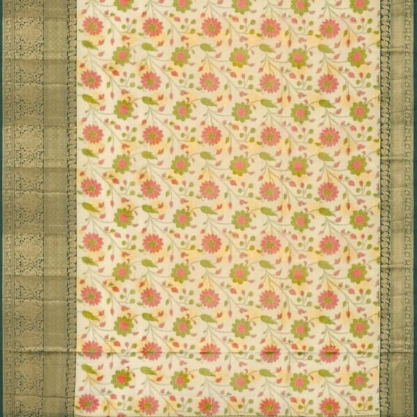 CREAM and BOTTLE GREEN FLORALS TISSUE Saree with BANARASI FANCY - Image 3