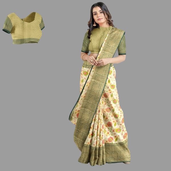 CREAM and BOTTLE GREEN FLORALS TISSUE Saree with BANARASI FANCY