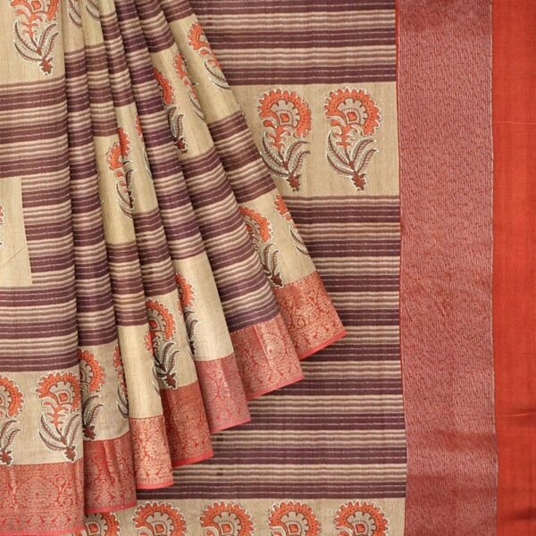 CREAM and RED LINES AND FLORALS CHANDERI Saree with FANCY - Image 2