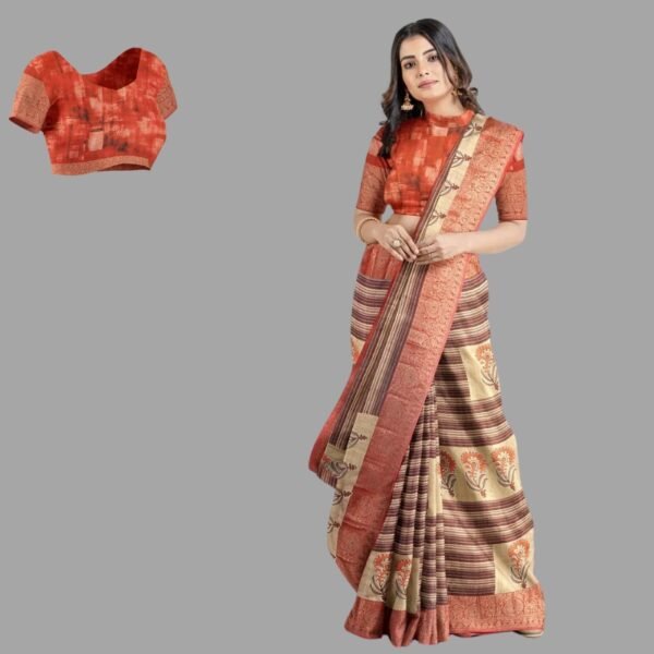 CREAM and RED LINES AND FLORALS CHANDERI Saree with FANCY