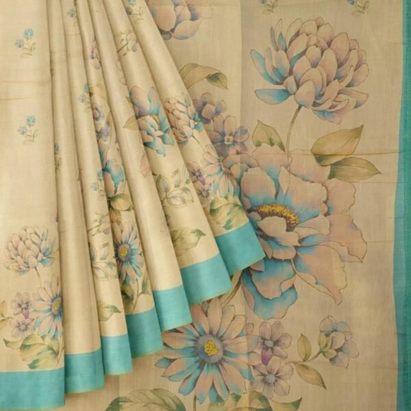 CREAM and TEAL FLORALS TISSUE Saree with BANARASI FANCY - Image 2