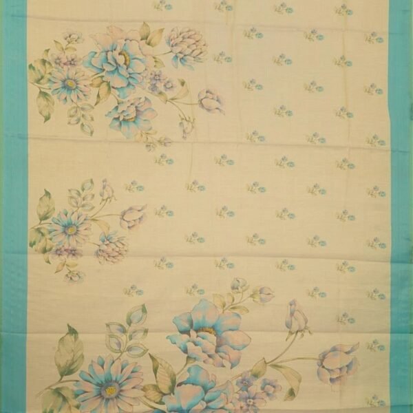CREAM and TEAL FLORALS TISSUE Saree with BANARASI FANCY - Image 3