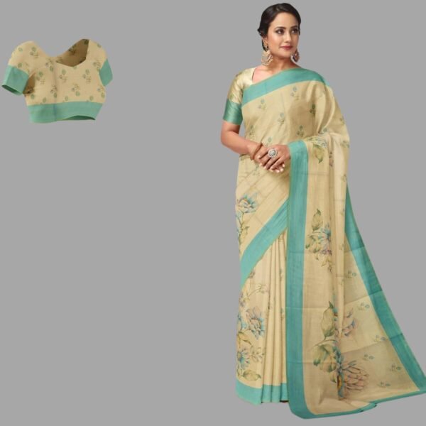 CREAM and TEAL FLORALS TISSUE Saree with BANARASI FANCY