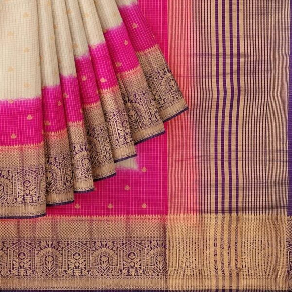 CREAM and VIOLET CHECKS AND BUTTIS SILK Saree with BANARASI FANCY - Image 2