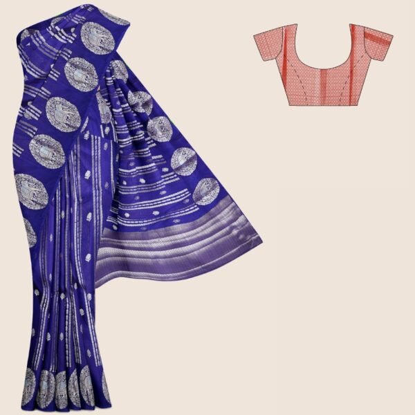 Chiniya Silk Circle Border Dark Navy Blue And Red Saree