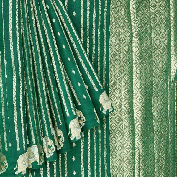 Chiniya Silk Elephant Border Dark Green And Pink Saree - Image 2