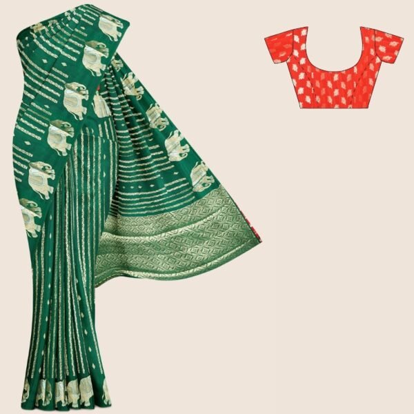 Chiniya Silk Elephant Border Dark Green And Pink Saree