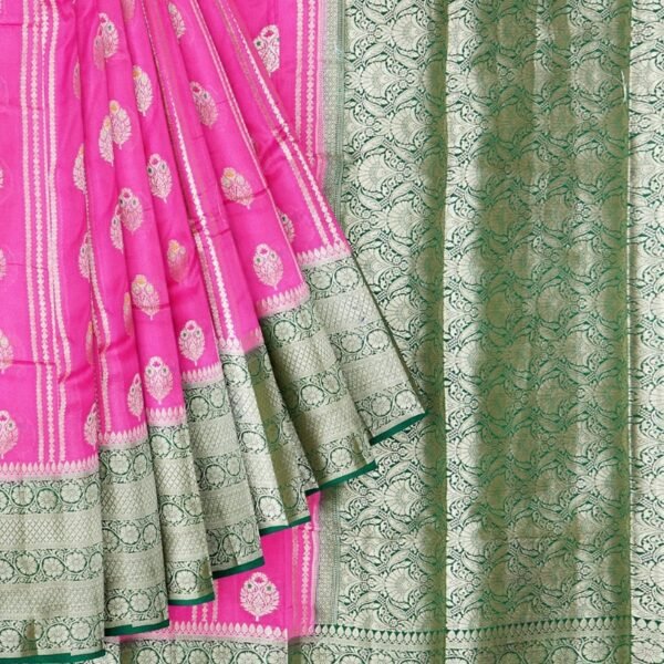Chiniya Silk Meena Work Pink And Dark Green Saree - Image 2