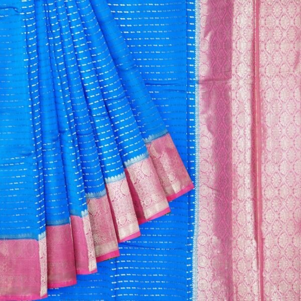 Chiniya Silks Doriya Weaving Copper Sulphate Blue And Pink Saree - Image 2