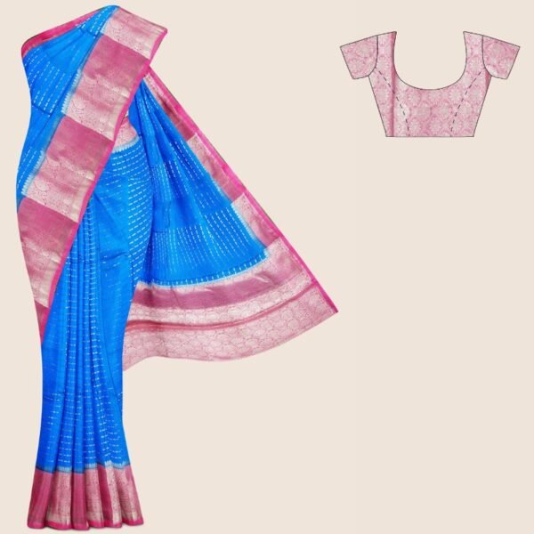 Chiniya Silks Doriya Weaving Copper Sulphate Blue And Pink Saree