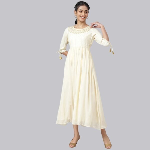 Cream Chiffon Dress with Gold Embroidery