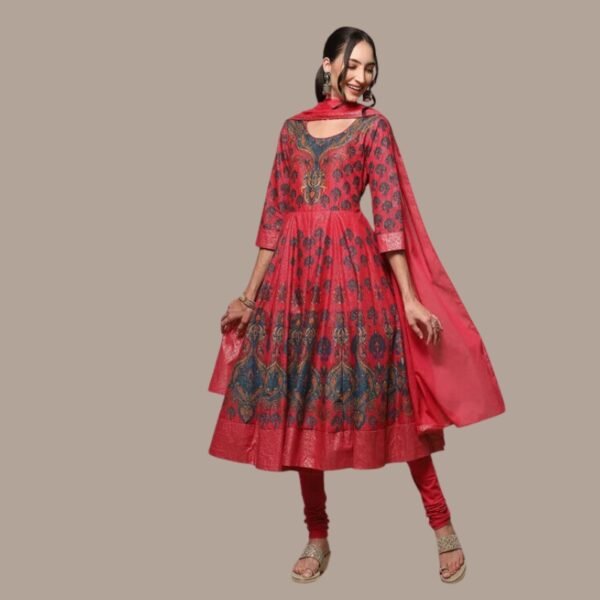 Crimson Red Cotton Anarkali Kurta Churidar Suit Set