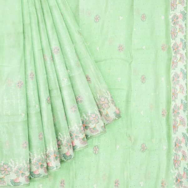 Crushed Georgette Embroidary Work Parrot Green Saree - Image 2