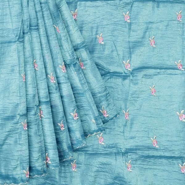 Crushed Tissue Cut Work Border Blue Saree - Image 2