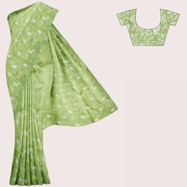 Crushed Tissue Embroidary Work Mehandi Green Saree