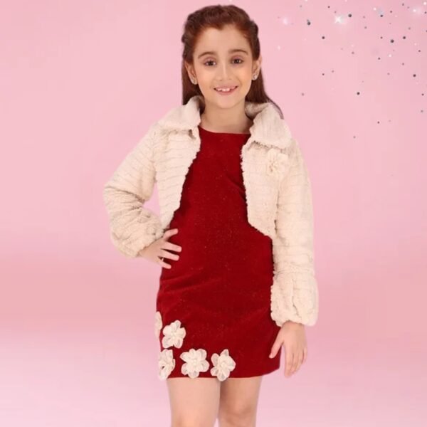 Cutecumber Velvet Floral Applique Detailed & Shimmered Dress With Full Sleeves Jacket - Maroon