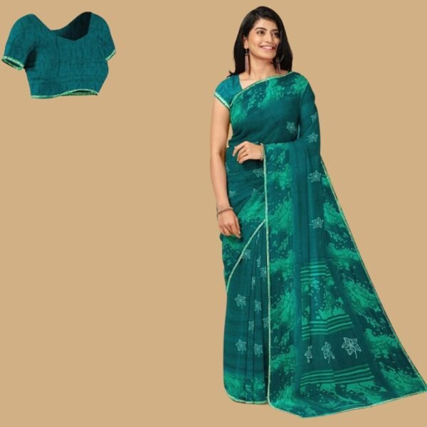 DARK BLUE and TEAL FLORAL BUTTIS CHIFFON Saree with FANCY
