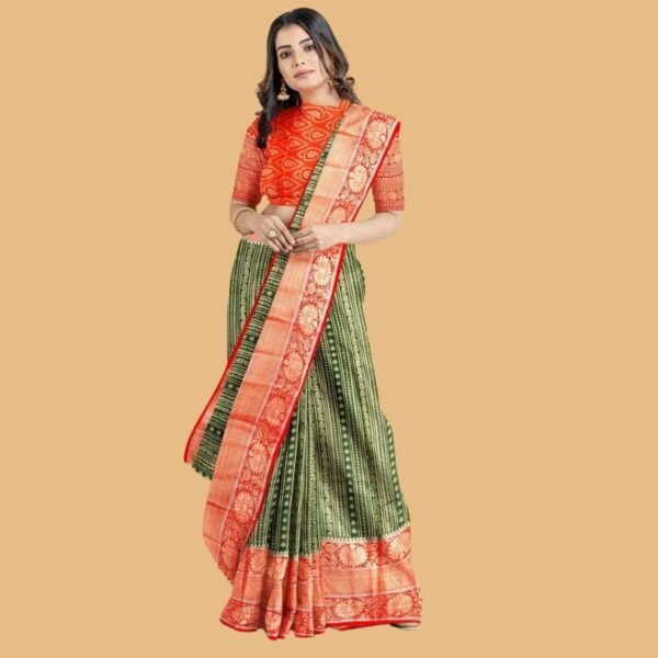 DARK GREEN and RED JAAL KATHAN SILK Saree with BANARASI FANCY