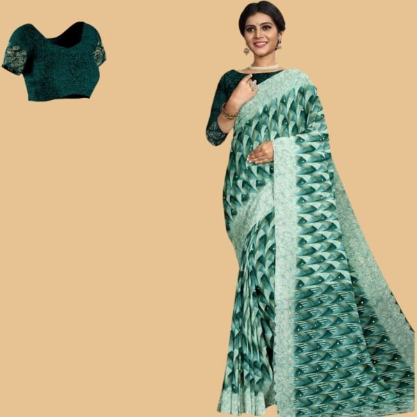DARK SEA GREEN and MULTI DIGITAL PRINT CHIFFON Saree with FANCY