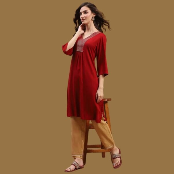 Deep Red Solid Gathered Straight Kurta