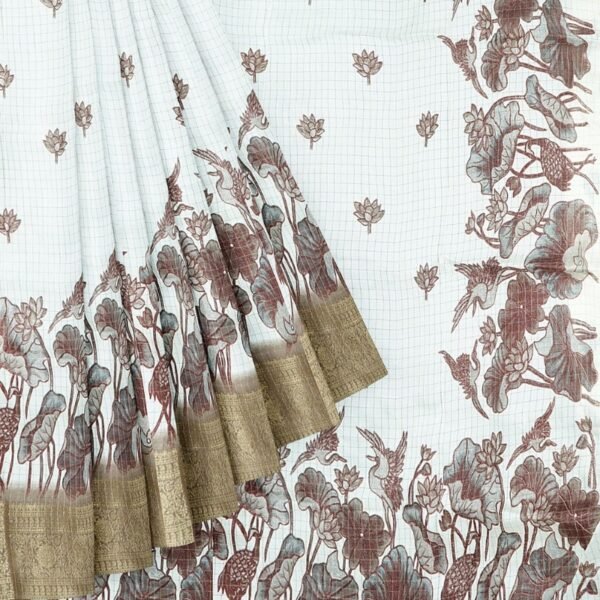 Fancy Soft Tussar Silk Checks With Flower Butti Cream And Chocolate Brown Saree - Image 2