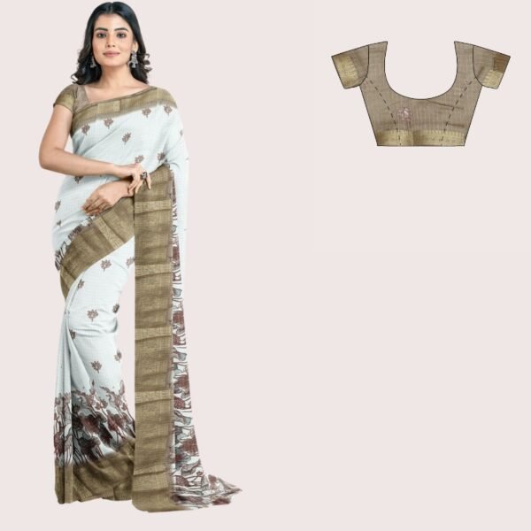 Fancy Soft Tussar Silk Checks With Flower Butti Cream And Chocolate Brown Saree