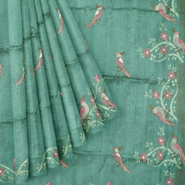 Fancy Tussar Silk Embroidary Work Bird Design Dark Tea Green Saree - Image 2
