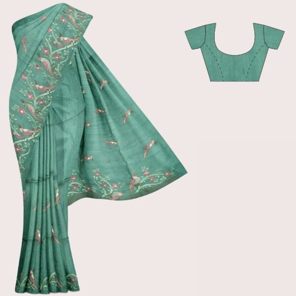 Fancy Tussar Silk Embroidary Work Bird Design Dark Tea Green Saree