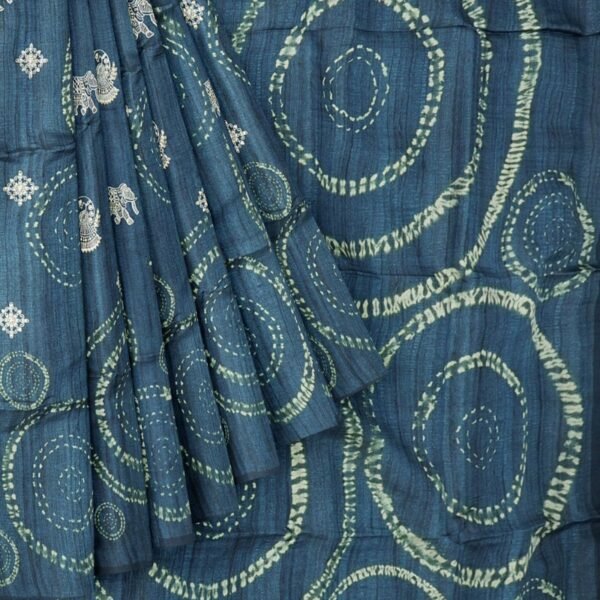 Fancy Tussar Silk Embroidary Work Line Design Bright Peacock Blue Saree - Image 2