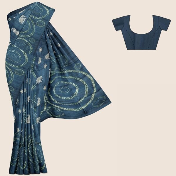 Fancy Tussar Silk Embroidary Work Line Design Bright Peacock Blue Saree