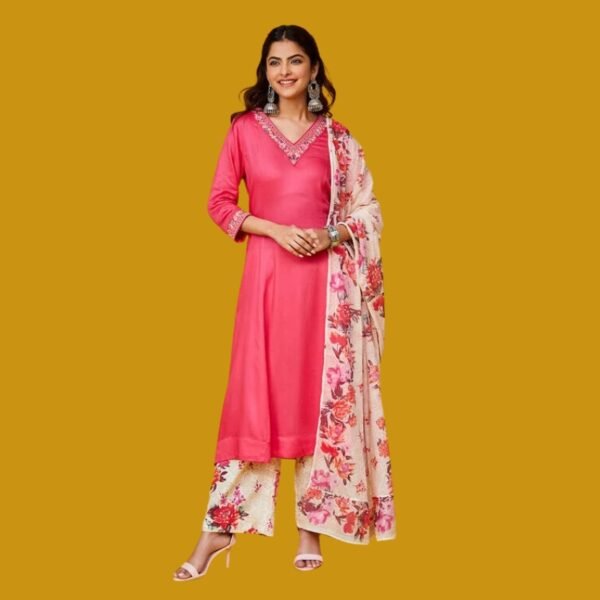 Fuschia Rayon Straight Suit Set