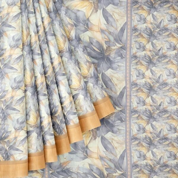 GREY and GOLD LEAF PRINT LINEN Saree with FANCY - Image 2
