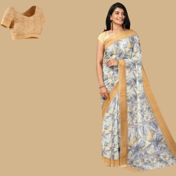 GREY and GOLD LEAF PRINT LINEN Saree with FANCY