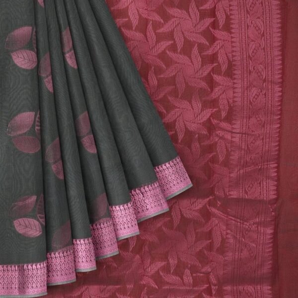 GREY and LAVENDER LEAF PRINT CHANDERI Saree with CHANDERI - Image 2