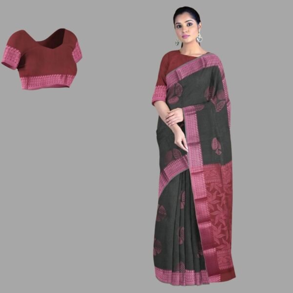 GREY and LAVENDER LEAF PRINT CHANDERI Saree with CHANDERI