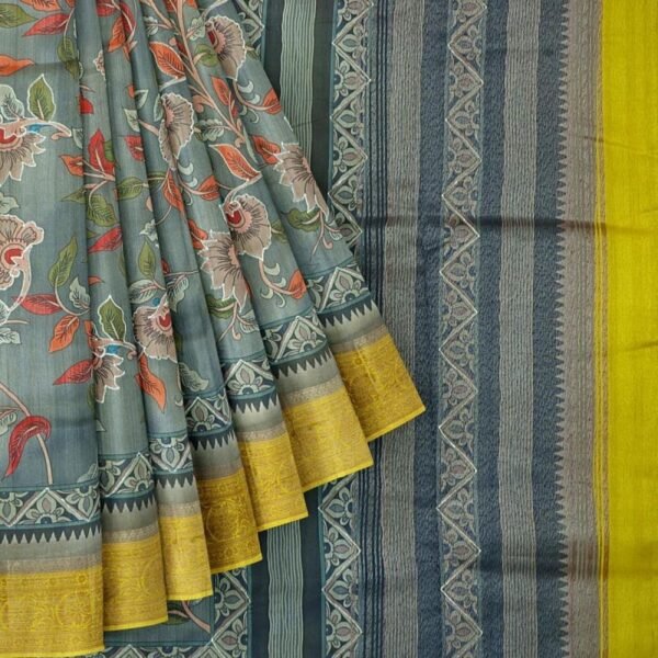 GREY and LEMON YELLOW KALAMKARI PRINT CHANDERI Saree with BANARASI FANCY - Image 2